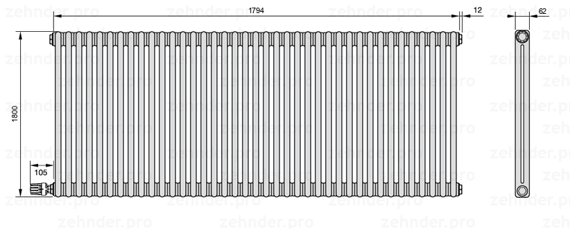 Схема (чертеж) Радиатор Zehnder Charleston 2180/39 №V004 Белый глянцевый RAL 9016